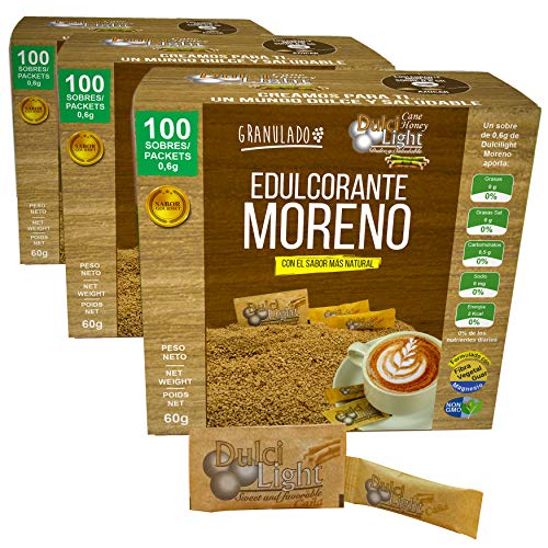 EDULCORANTE MORENO DULCILIGHT ZERO 300 sobres |3 ENVASES DE 100| 100% Natural granulado de caña con fibra Vegetal| 1gr = 10gr de Azucar| Ideal para el café