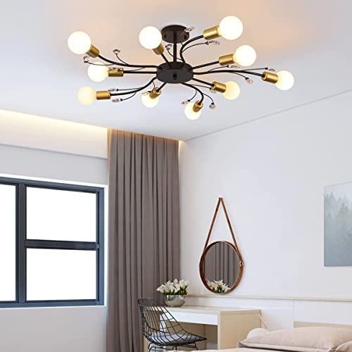 Eiinee Lámpara de techo Eiinee Sputnik, lámpara de techo moderna, lámpara de techo metal industrial de 10 luces, lámpara de techo dorada y negra para dormitorio, comedor, sala de estar, cocina