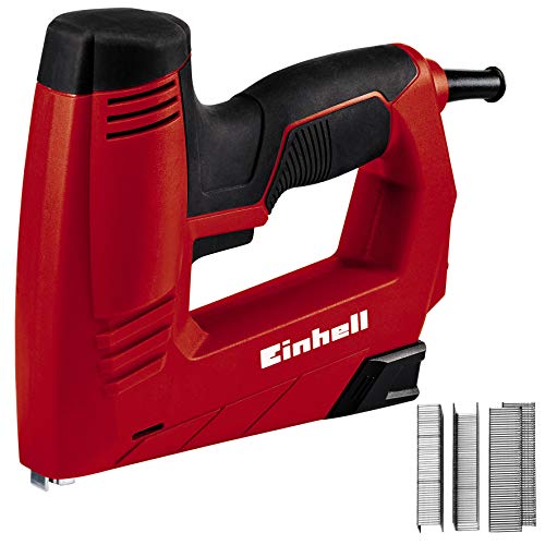 Einhell Electric Tacker TC-EN 20 E (para grapas tipo 53, clavos tipo 47, preselección electrónica de la fuerza de impacto, nariz de seguridad, incluye 1000 grapas/500 clavos) Color Rojo