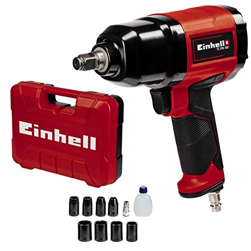 Einhell Llave neumática de impacto TC-PW 340 (par de torsión máximo de 340 Nm, rotación hacia la izquierda y hacia la derecha, incluye 8 tomas, botella de aceite, boquilla y maletín de transporte)