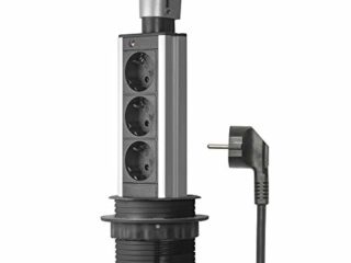 Elbe Inno Socket para Mesa Empotrado, Multi-Socket con 3 enchufes alemanes, Enchufe alemán, Tapa cromada, Cable de 1,5 m, Apto para Oficina, Trabajo y Cocina