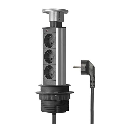 Elbe Inno Socket para Mesa Empotrado, Multi-Socket con 3 enchufes alemanes, Enchufe alemán, Tapa cromada, Cable de 1,5 m, Apto para Oficina, Trabajo y Cocina