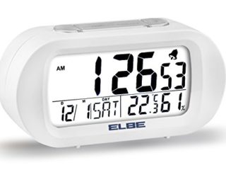 Elbe RD-009-B Reloj despertador con termómetro, adecuado para viajar, display LCD 3,1'', función snooze, display iluminado, temperatura y humedad, color blanco