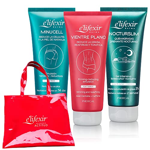 Elifexir Pack de Minucell, Vientre Plano y Nocturslim + Bolsa | Reduce Celulitis y Piel de Naranja + Crema Reductora Abdomen + Gel Reductor Noche + Regalo