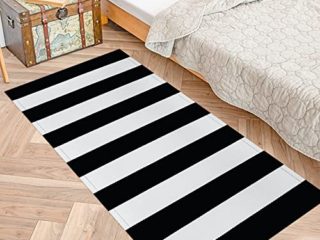 Elloevn Alfombra de rayas blancas y negras, lavable, moderna, para exteriores, Shaggy terraza, salón, cocina, habitación infantil, 60 x 130 cm
