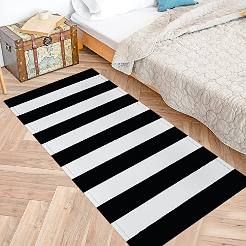 Elloevn Alfombra de rayas blancas y negras, lavable, moderna, para exteriores, Shaggy terraza, salón, cocina, habitación infantil, 60 x 130 cm