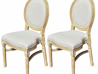 EME Silla Medallón Estilo Luis XVI de Madera de Abedul Macizo Envejecido. Contiene Dos Unidades de sillas. Respaldo de Tela Lino Beige. Asiento Acolchado de Lino Beige. Apilable.