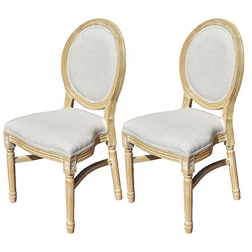 EME Silla Medallón Estilo Luis XVI de Madera de Abedul Macizo Envejecido. Contiene Dos Unidades de sillas. Respaldo de Tela Lino Beige. Asiento Acolchado de Lino Beige. Apilable.