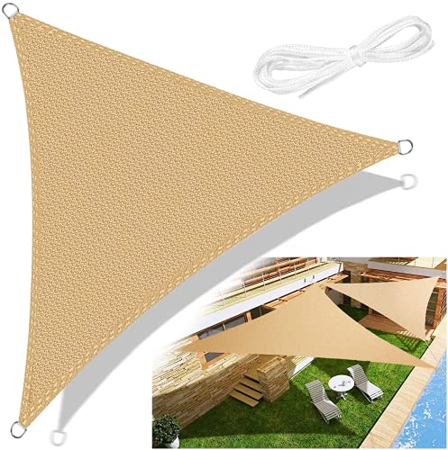 Emooqi Toldo Vela De Sombra, Vela De Sombra Triángulo HDPE 5x5x5M, Toldo Triangular/Toldo Vela Parasol Protección Rayos UV y Transpirable Toldo Resistente para Patio, Exteriores, Jardín -Color Arena