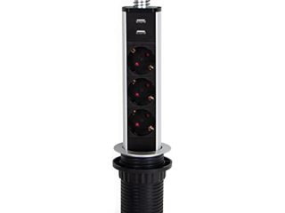 Emuca - Regleta multienchufe retráctil con 3 enchufes schuko EU y 2 Puertos USB, Torre de enchufes Vertical empotrable para encimera de Cocina o Escritorio