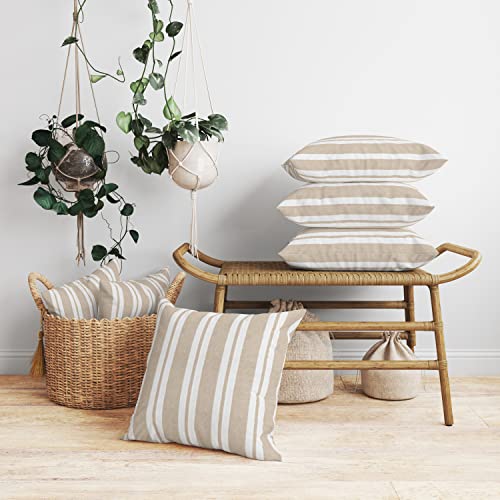 Encasa Homes Fundas de Almohada 2 Piezas (50 x 50 cm) - Franca Beige Rayas - Lona de algodón Suave sin Color Rectangular Funda de cojín Decorativo Colorido para la decoración del hogar