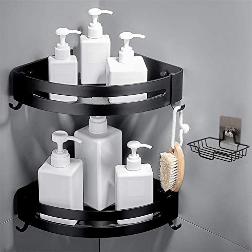 Enibon Estante de Ducha, Estantería Baño Aluminio Antioxidante Sin Taladro, Estantería Esquina de Pared con 4 Ganchos 1 Jabonera, Estantería Rinconera para Baño Cocina, Acabado Mate, 2 Pack Negro
