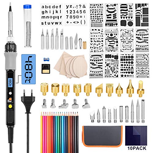 ENJOHOS 86Pcs Pyrography Soldador Kit, Pyrography 60W 220V Temperatura ajustable 180-480 ° C para grabado, tallado de cuero, madera, corcho, plantilla, soldadura,mantenimiento electrónico
