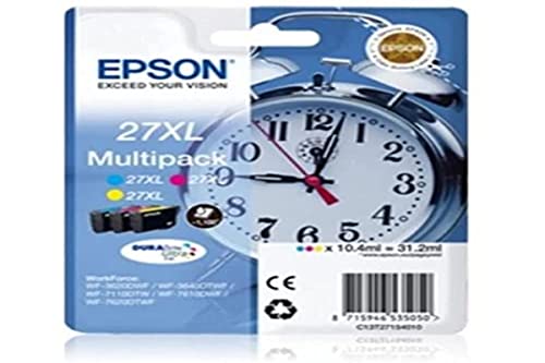 Epson 27XL C13T27154010 - Pack de 3 cartuchos de tinta, cyan, amarillo y magenta, paquete estándar válido para los modelos WF-7720DTWF, WF-7610DWF y otros, Ya disponible en Amazon Dash Replenishment