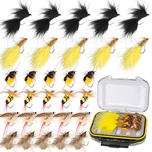 Ertisa Moscas para Pesca con Mosca, 30 Piezas Juego De Seuelos De Pesca con Mosca Aparejo con Caja Estuche Insecto Mariposa Cebos Artificiales De Pesca para Trucha Bajo con Ganchos De Acero
