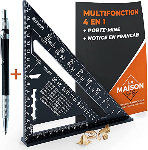 Escuadra carpintero metalicas Aluminio 18cm [+ LÁPIZ + AVISO FR] Regla Trusquin escuadras metalicas Relator Ángulo múltiple 45 90 grados / Herramientas de carpintero de bricolaje / Guía herramientas