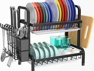 Escurridores de Platos con Bandeja de Goteo, Estante Grande de 2 Niveles con Tabla de Drenaje y Cubiertos/Soporte para Tabla de Cortar sobre el Fregadero, Estante para Secadora de Platos