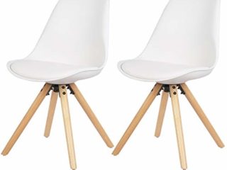 eSituro Silla de Comedor Silla Cocina Madera Juego de 2 Taburete con Asiento Tapizado Nórdica Escandinava Estilo Silla Moderno con Respaldo Cuero Artificial Blanco