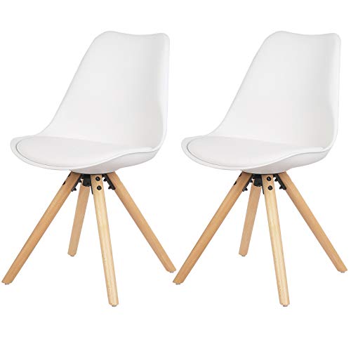 eSituro Silla de Comedor Silla Cocina Madera Juego de 2 Taburete con Asiento Tapizado Nórdica Escandinava Estilo Silla Moderno con Respaldo Cuero Artificial Blanco