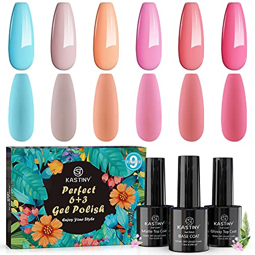 Esmaltes Semipermanentes, Kastiny 9PCS Claro Azul Rosa Desnudo Semipermanente con Base, Capa Superior Brillante y Mate, Uñas Gel UV LED