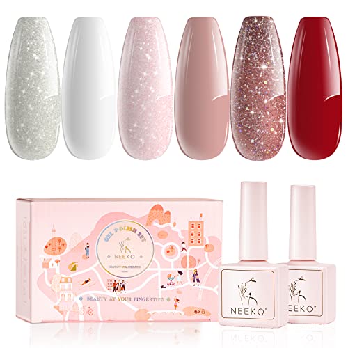 Esmaltes Semipermanentes, Neeko Pintauñas Semipermanente Brillo Glitter Rosa Purpurina Gel Francesa Uñas Semipermanente Para Unas De Unas Led Esmaltes Pastel Manicura 6 Colores