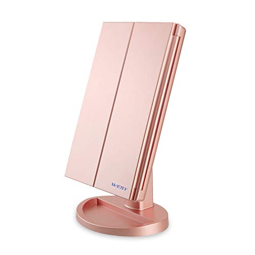 Espejo Maquillaje, WEILY Espejo Cosmético,Luz Ajustable con LED, con la ampliación 1X/2X/3X, Rotación Ajustable de 180 °, Fuente de alimentación Doble, Espejo cosmético encimera (Oro Rosa)