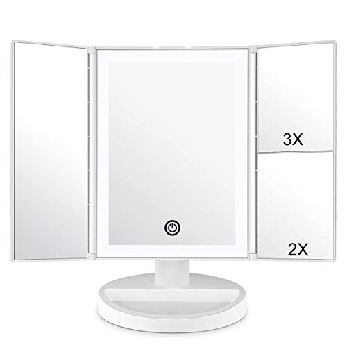 Espejo Maquillaje,WEILY Espejo Cosmético,Luz Ajustable con 36 LED,Tríptica Aumentos 1X, 2X, 3X, Rotación Ajustable de 180 °, Fuente de alimentación Doble, Espejo cosmético encimera