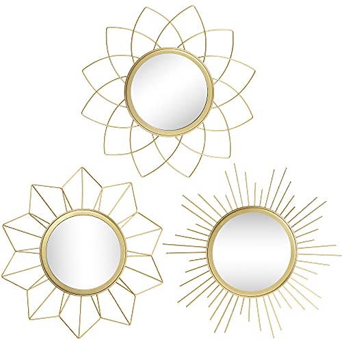 Espejos Dorados para decoración de Pared, Juego de 3 Espejos de Pared para decoración del hogar y de la habitación, Espejos de Metal, Decoraciones de Pared para Sala de Estar, Dormitorio y baño
