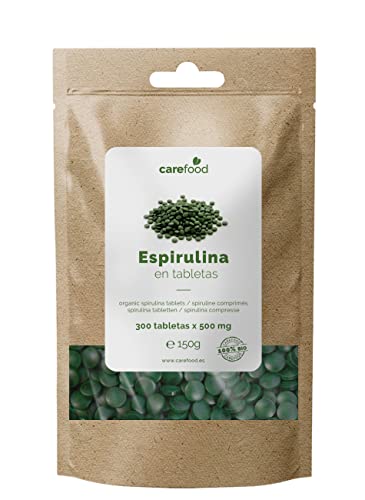Espirulina Premium Carefood ecológica | 300 comprimidos de 500mg (150gr) con 100% BIO Spirulina Natural | Hierro - Minerales | DETOX - Vegano - Proteína Vegetal