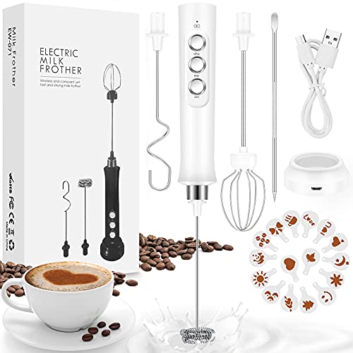 Espumador de Leche Eléctrico USB Recargable Batidor de Mano con Revoluciones Doble para Café Latte Cappuccino Blanco (blanco)