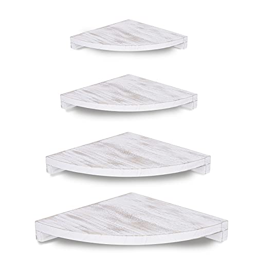 Estantería esquinera de madera para colgar en esquina, 4 niveles, redondeada, rústica, de madera de paulownia, para salón, dormitorio, baño, cocina, oficina, color blanco