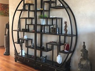 Estantería redonda oriental de pared, estantería para libros, armario, vitrina abierta, redonda, china, asiática, vintage, color negro