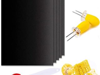 Estera de Barbacoa, Gyvazla 5 Pcs Reutilizable Tapete Parrilla Barbacoa 40x33cm, 2 Pcs Mazorca de Maíz Pinchos, 1Pcs Cepillos Silicona, Gas Carbón, Parrilla y Barbacoa Apto A Carne, Pescado y Verduras