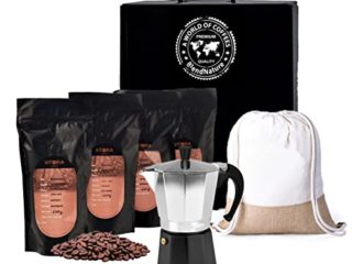 Estuche Gran Selección Mejores Cafes del Mundo – 4 x 200g Granos 100% Natural +Incluye Cafetera italiana de aluminio de 2 tazas + Mochila línea Yute Nature + Ideal para Regalarte y regalar