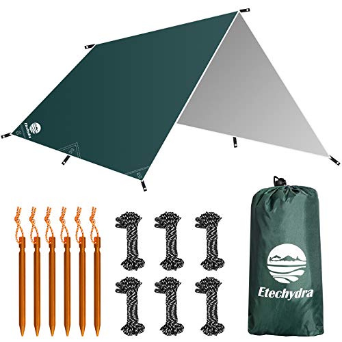 Etechydra Tienda de Campaña Tarp, 3 x 3 m Toldo de Refugio Impermeable Lona de Duradero Portatil para Hamaca Playa Tienda Hamaca Acampada Refugio Al Aire Libre (Verde Oscuro)