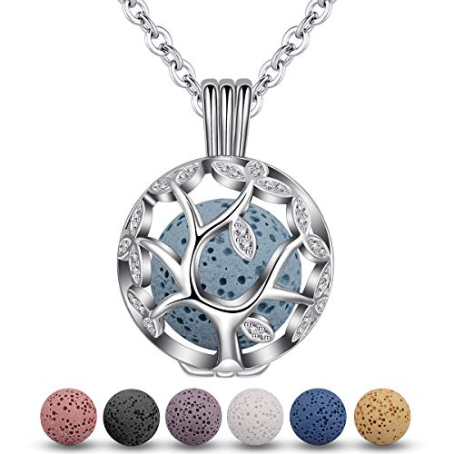 EUDORA Harmony Ball Collar Difusor Aromaterapia para Mujer Difusor de Aroma Colgante Arbol de la Vida, Piedra Volcánica para Aromaterapia Joyeria Perfume Jaula Bola de Lava 7pcs (Arbol de la Vida-CZ)