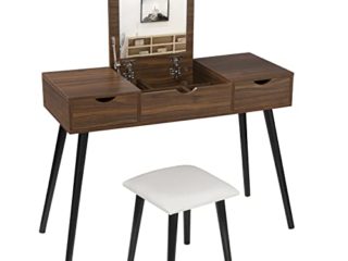 EUGAD Juego Mesa de Tocador con Taburete con Bisagras Tocador Moderno Escritorio para Computadora con Espejo Plegable Mesa de Maquillaje con 2 Cajones Madera 100x40x75cm Roble 0013SZT