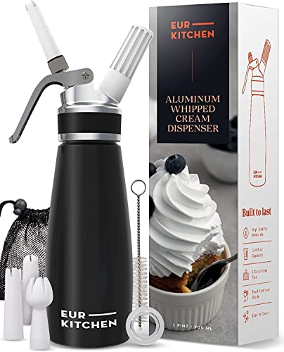 EurKitchen Dispensador de Nata Profesional en Aluminio - Sifón de Cocina Antigoteo con 3 Boquillas Decorativas y Cepillo de Limpieza – Sifón de Cocina Espumas de 500 ml – Cartucho Gas N2O No Incluido