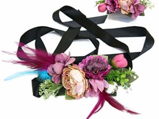 Ever Fairy moda flor cinturones de flores Conjunto de peine de pelo para mujer niña dama de honor vestido de satén cinturón boda fajas cinturón de la pluma tela elástica cinturón accesorios (B)
