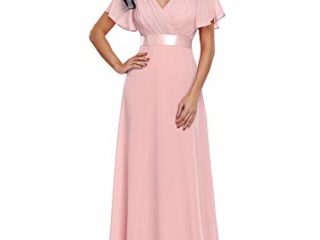 Ever-Pretty A-línea Vestido de Fiesta Cuello en V Manga Corta Gasa Corte Imperio para Mujer Rosado 48