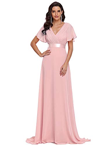 Ever-Pretty A-línea Vestido de Fiesta Cuello en V Manga Corta Gasa Corte Imperio para Mujer Rosado 48