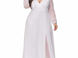 Ever-Pretty Vestido de Dama de Honor Talla Grande Abertura Manga Larga Escote en V Corte Imperio Largo para Mujer Blanco 46