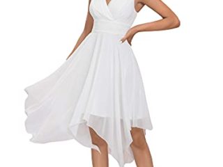 Ever-Pretty Vestido de Novia Midi para Mujer Escote en V sin Mangas Asimétrico Gasa Plisado Blanco 36