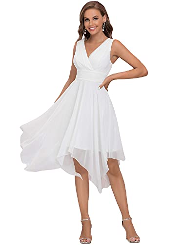 Ever-Pretty Vestido de Novia Midi para Mujer Escote en V sin Mangas Asimétrico Gasa Plisado Blanco 36
