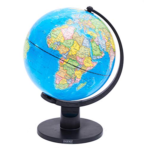 Exerz 25cm Globo Terráqueo - Mapa en Inglés - Educativo Globo Girable Decoración de Escritorio - Mapa Político Geográfica/ Moderna - Diámetro 25cm