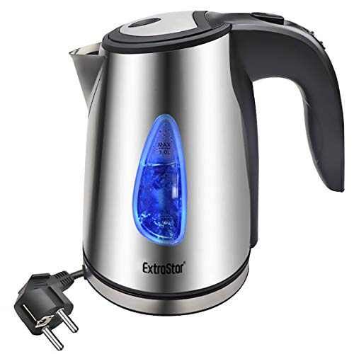 EXTRASTAR Hervidor compacto, Hervidor eléctrico, Filtro antical, 1630W, Apagado automático, Base giratoria 360 °, Protección para hervir seco, BPA Ausente Acero Inoxidable 1.0L