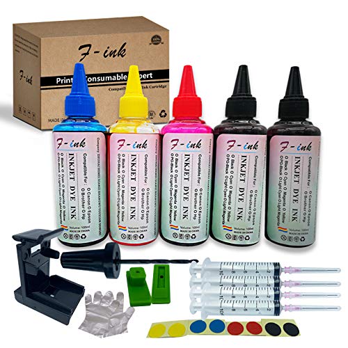 F-ink 5 botellas de 100 ml de tinta y herramientas de recarga de tinta compatibles con cartuchos de tinta HP 303 305 307 21 22 338 339 343 901 303XL 305XL 307XL