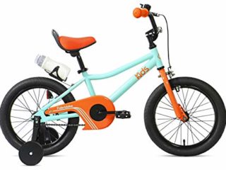 FabricBike Kids - Bicicleta con Pedales para niño y niña, Ruedines de Entrenamiento Desmontables, Frenos, Ruedas 12 y 16 Pulgadas, 4 Colores (Aqua & Orange, 16": 3-7 Años (Estatura 96cm - 120cm))