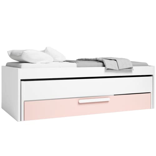 Fabrikit Cama Nido Juvenil Estelle con cajón Color Blanco Mate y Rosa Nube Dormitorio habitación Mueble 90x200 cm