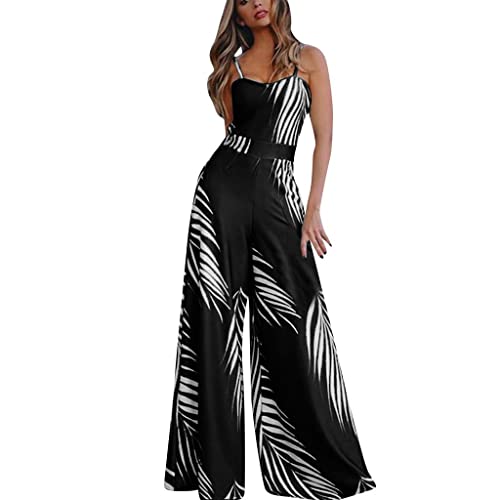 FACAIAFALO Mono De Mujer Elegante Mono De Mujer Talla Grande Mono De Pierna Ancha Estampado Para Mujer Mono De Estilo Boho Traje De Una Pieza Para Fiestas En La Playa (01#Negro, XXL)